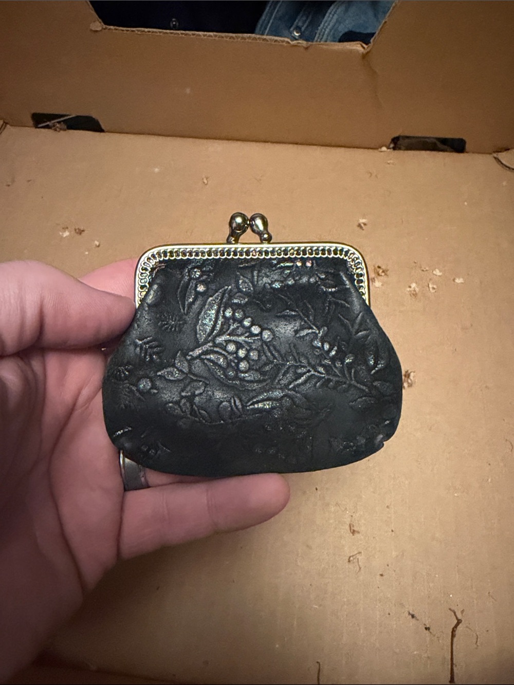 Women's Black Embossed Coin Purse with Gold Frame